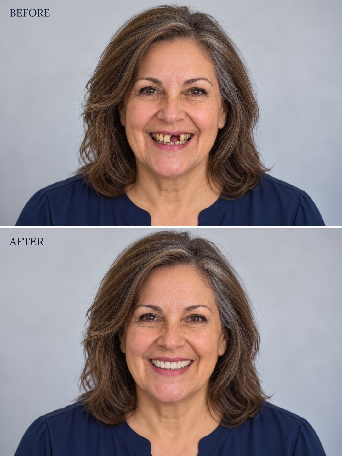 Before and after portrait of a Dentures Plus patient with a restored smile
